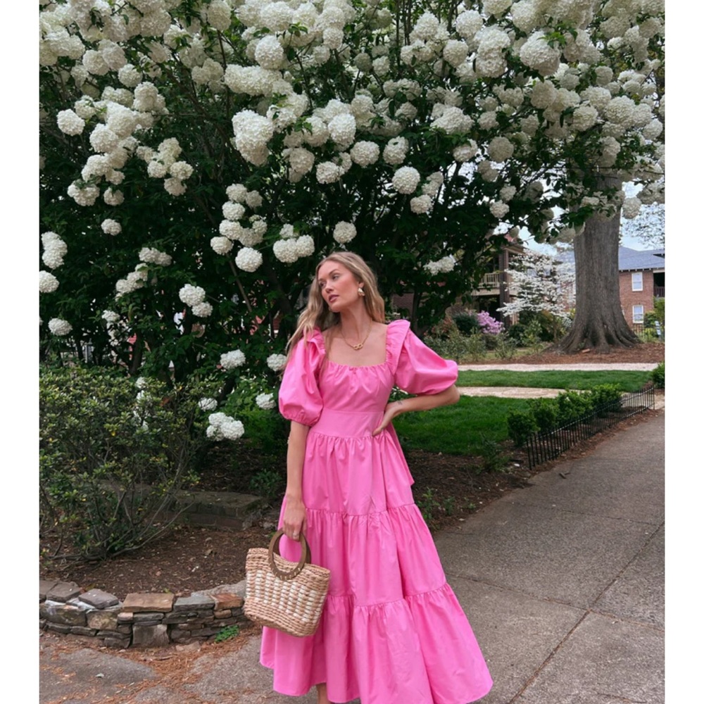 Pink puffy sleeve dress with bow tie back detail